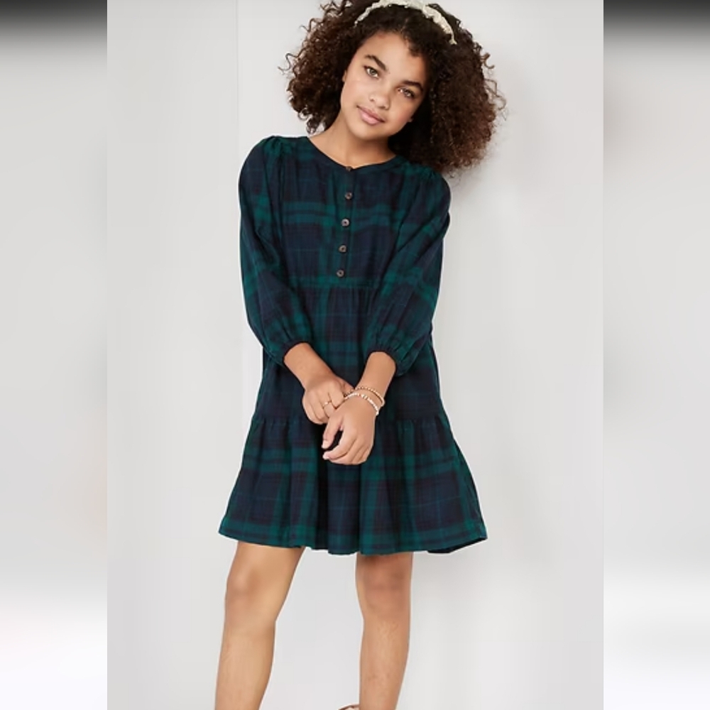 - Old Navy Long-Sleeve Button-Front Plaid Swing Dress for Girls size L 1…
